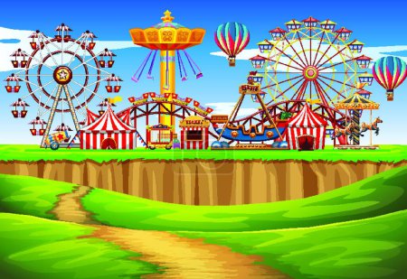 Illustration for Circus scene with many rides at day time - Royalty Free Image