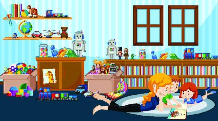 Illustration for Scene with children reading story in the room - Royalty Free Image