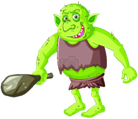 Téléchargez les illustrations : "Gobelin vert ou troll tenant outil de chasse dans personnage de dessin animé isolé" - en licence libre de droit