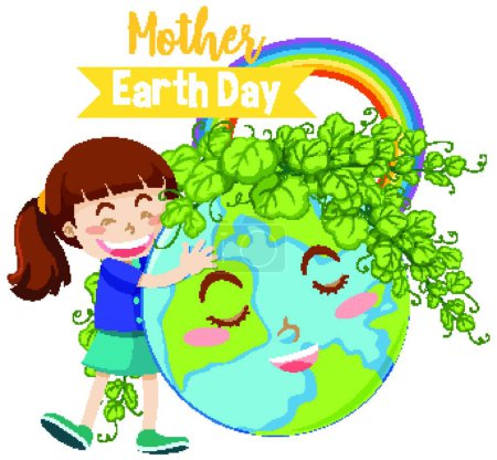 Téléchargez les illustrations : Poster design pour la fête de la terre mère avec fille étreignant la terre en arrière-plan - en licence libre de droit