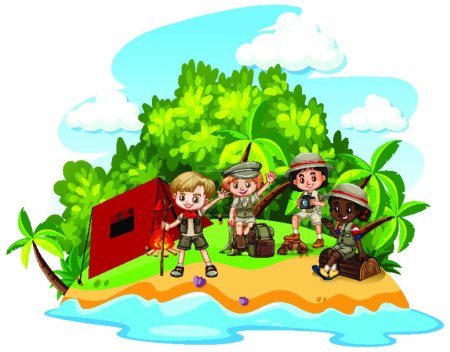 Téléchargez les photos : Groupe d'enfants camping, illustration vectorielle design simple - en image libre de droit