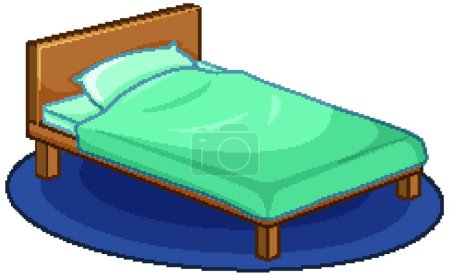 Illustration for Wooden single bed on round carpet with blue blanket and pillow in cartoon style - Royalty Free Image