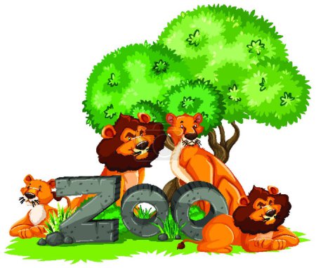 Téléchargez les illustrations : Group of animals under the tree with zoo sign - en licence libre de droit