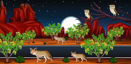 Illustration for Wild desert with long road landscape at night scene - Royalty Free Image
