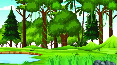 Illustration for Forest nature scene with pond and many trees at day time - Royalty Free Image