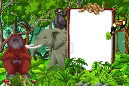 Ilustración de Banner en blanco en la escena de la selva tropical con animales salvajes - Imagen libre de derechos