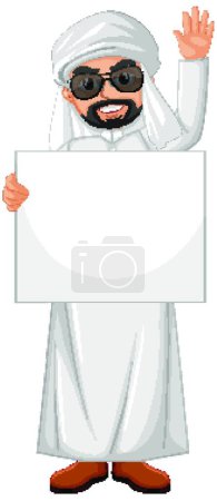Téléchargez les illustrations : Homme adulte arabe portant un costume arabe et tenant une bannière vierge - en licence libre de droit