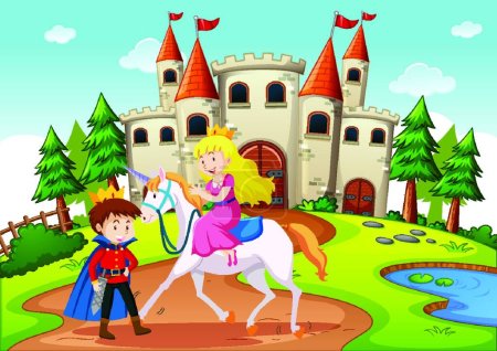 Téléchargez les illustrations : Prince and princess in fairytale land scene - en licence libre de droit