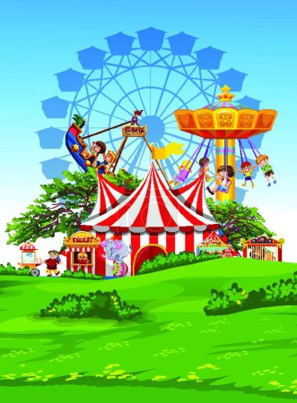 Téléchargez les illustrations : Parc d'attractions de bande dessinée avec roue ferris et aire de jeux pour enfants - en licence libre de droit