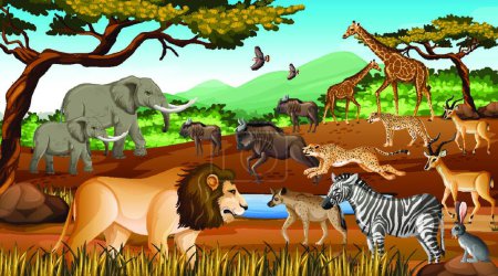 Ilustración de Grupo de animales salvajes africanos en la escena forestal, ilustración vectorial diseño simple - Imagen libre de derechos