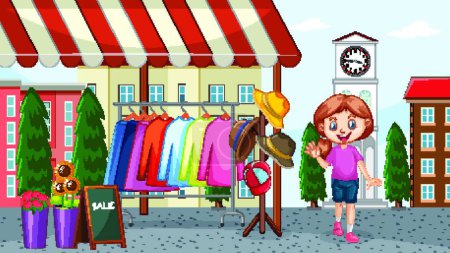 Téléchargez les illustrations : "Fille vendant des vêtements au marché aux puces" - en licence libre de droit