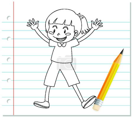 Illustration for Hand writing of cute girl with gleeful posing outline - Royalty Free Image