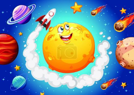 Illustration for Moon with happy face on space galaxy theme background - Royalty Free Image