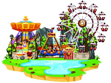 Téléchargez les illustrations : Scène avec de nombreux enfants jouant des manèges dans le funpark - en licence libre de droit