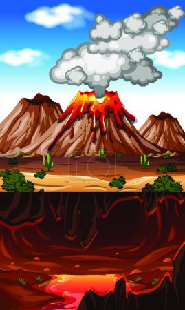 Illustration for "Volcano eruption in nature scene at daytime with lava in infernal cave scene" - Royalty Free Image