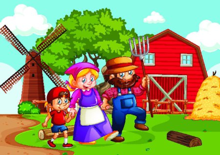Téléchargez les illustrations : Famille heureuse dans la scène de la ferme dans le style de dessin animé - en licence libre de droit