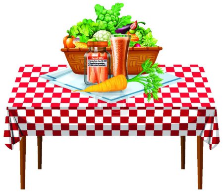 Téléchargez les illustrations : Légumes et fruits sur la table avec nappe à carreaux - en licence libre de droit