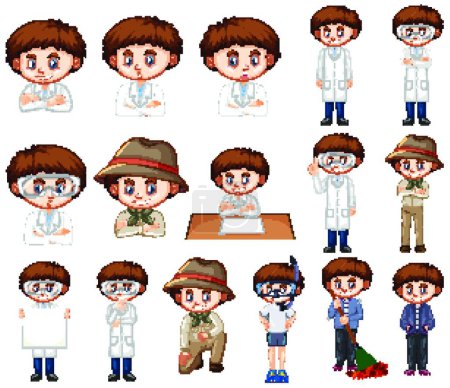 Illustration for Boy in science gown in many poses - Royalty Free Image