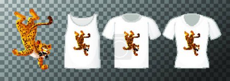 Ilustración de "Conjunto de diferentes camisas con personaje de dibujos animados bailando leopardo aislado sobre fondo transparente" - Imagen libre de derechos
