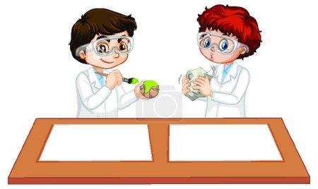 Illustration for Two boys wearing scientist gown with empty paper on the table - Royalty Free Image