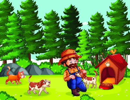 Ilustración de Agricultor con granja de animales en la escena de la granja en estilo de dibujos animados - Imagen libre de derechos