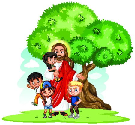 Téléchargez les illustrations : "Jésus avec un enfant personnage de bande dessinée de groupe" - en licence libre de droit