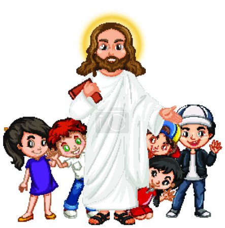 Téléchargez les illustrations : Jésus avec un enfant personnage de bande dessinée de groupe - en licence libre de droit