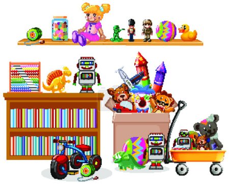 Illustration for Shelf full of books and toys on white background - Royalty Free Image
