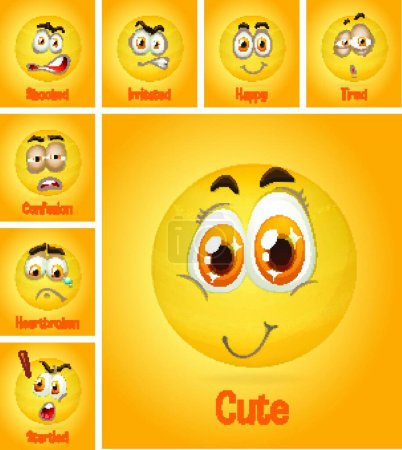 Illustration for "Set of different faces emoji with its description on yellow background" - Royalty Free Image