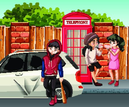 Ilustración de Escena callejera con adolescentes fumando y rompiendo auto - Imagen libre de derechos