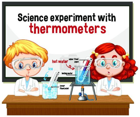 Ilustración de Científico explicando Experimento científico con termómetros - Imagen libre de derechos