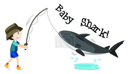 Ilustración de "Boy fishing baby shark cartoon character with baby shark text isolated on white background" - Imagen libre de derechos