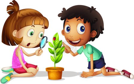 Illustration for Happy kids with plant, vector illustration simple design - Royalty Free Image