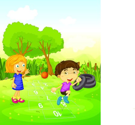Téléchargez les illustrations : Enfants heureux jouant dans la forêt, illustration vectorielle conception simple - en licence libre de droit