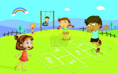 Téléchargez les illustrations : Enfants heureux jouant en plein air, illustration vectorielle conception simple - en licence libre de droit
