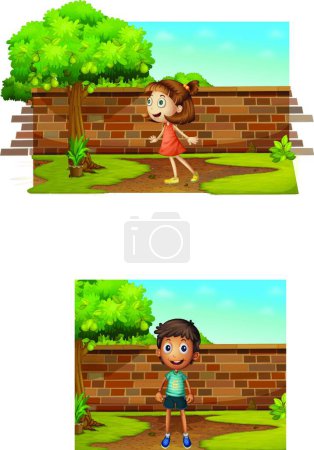 Illustration for Boy and girl standing in the yard - Royalty Free Image