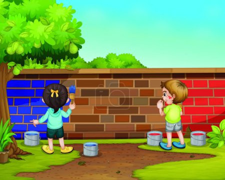 Téléchargez les illustrations : Des enfants peignent sur un mur de briques - en licence libre de droit