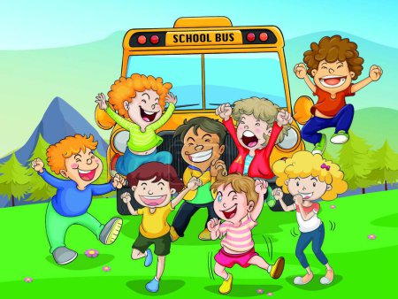 Illustration for Kids and school bus modern vector illustration - Royalty Free Image