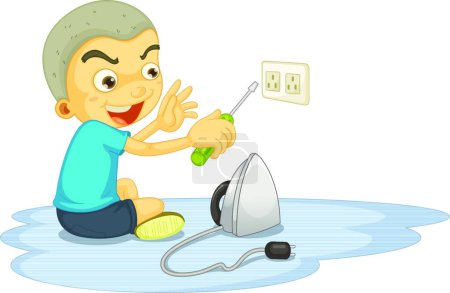 Illustration for Boy repairing electric switch modern vector illustration - Royalty Free Image