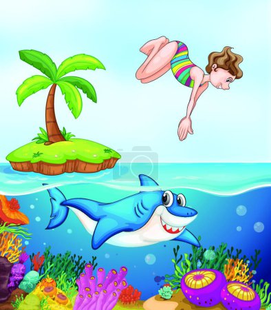 Téléchargez les illustrations : Île, corel, requin et fille plongée - en licence libre de droit