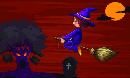 Téléchargez les illustrations : Illustration vectorielle de sorcière volant sur balai - en licence libre de droit