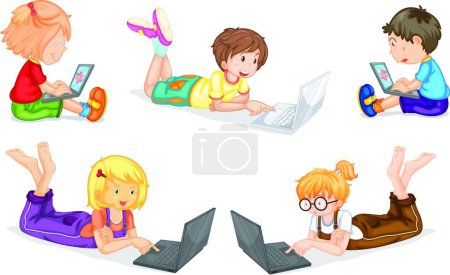 Téléchargez les illustrations : Enfants avec icône d'ordinateur portable pour le web, illustration vectorielle - en licence libre de droit