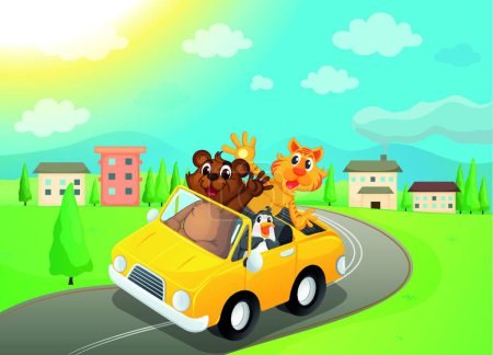 Ilustración de Animales, coche y carretera vector moderno ilustración - Imagen libre de derechos