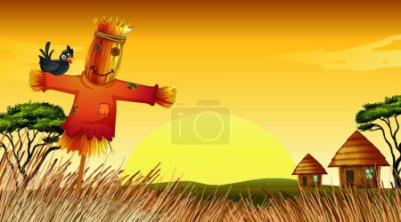 Illustration for Scarecrow and farm, colorful vector illustration - Royalty Free Image