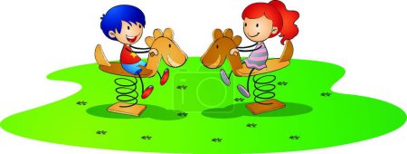 Téléchargez les illustrations : Enfants jouant sur le cheval de printemps - en licence libre de droit