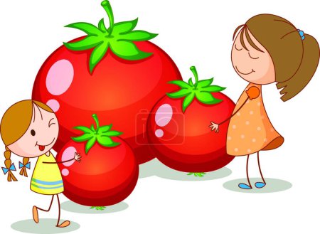 Illustration for Girls and tomatoes modern vector illustration - Royalty Free Image