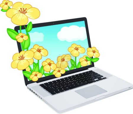 Téléchargez les illustrations : "illustration vectorielle ordinateur portable et fleurs - en licence libre de droit