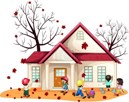 Ilustración de Niños limpieza casa vector moderno ilustración - Imagen libre de derechos