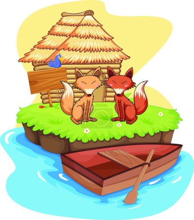 Illustration for Foxes with cabin, colorful vector illustration - Royalty Free Image