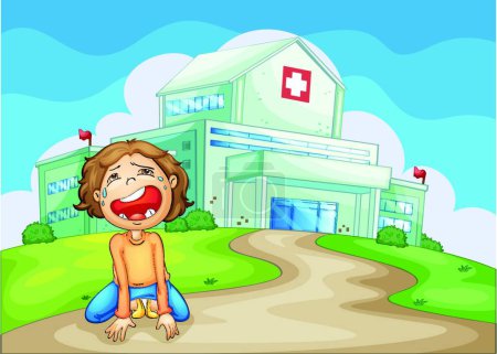 Illustration for Crying boy in front of the hospital - Royalty Free Image
